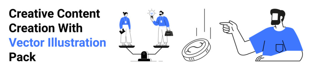 Two professionals balanced on scales, coin signifying decisions, and a focused individual pointing forward. Ideal for work-life balance, strategy, teamwork, productivity, business, decisions flat
