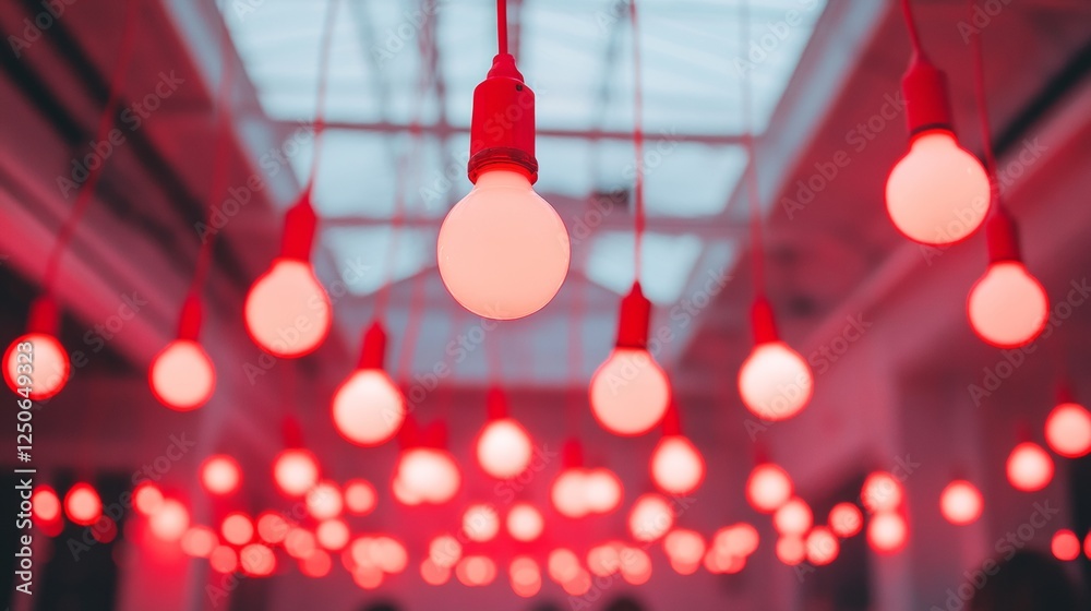 Poster urban festive vibe modern string lights with red glow over crowded evening gathering social connecti