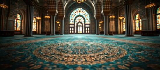 Obraz premium Prayer mat in a beautifully decorated mosque interior highlighting intricate designs and vibrant colors with sunlight filtering through stained glass.