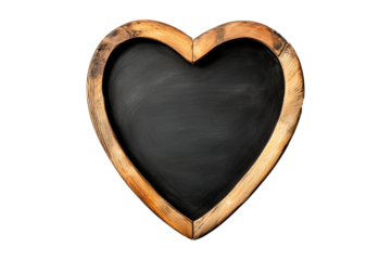 Heart-shaped wooden chalkboard with a rustic finish, isolated on a white transparent background, ideal for decoration or messages on Valentine Day