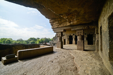 Exterior view of rockcut caves of Ellora caves complex, India.