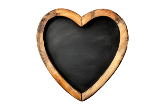 Heart-shaped wooden chalkboard with a rustic finish, isolated on a white transparent background, ideal for decoration or messages on Valentine Day