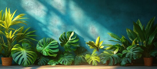 Lush green plants basking in summer sunlight against a serene sky blue background creating a vibrant and refreshing atmosphere.