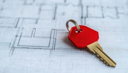 property loan equity approval. Happy young couple holding keys with a house blueprint in the background, symbolizing equity-based loan approval for first-time homeowners