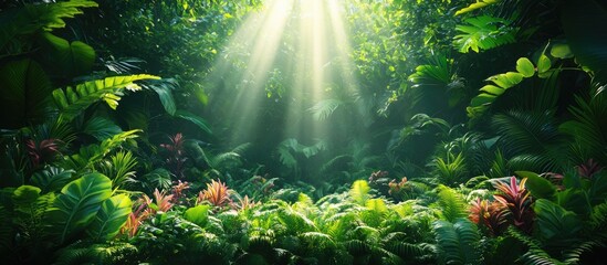 Obraz premium Lush green plants thriving in a vibrant jungle illuminated by sunlight filtering through the dense canopy above.