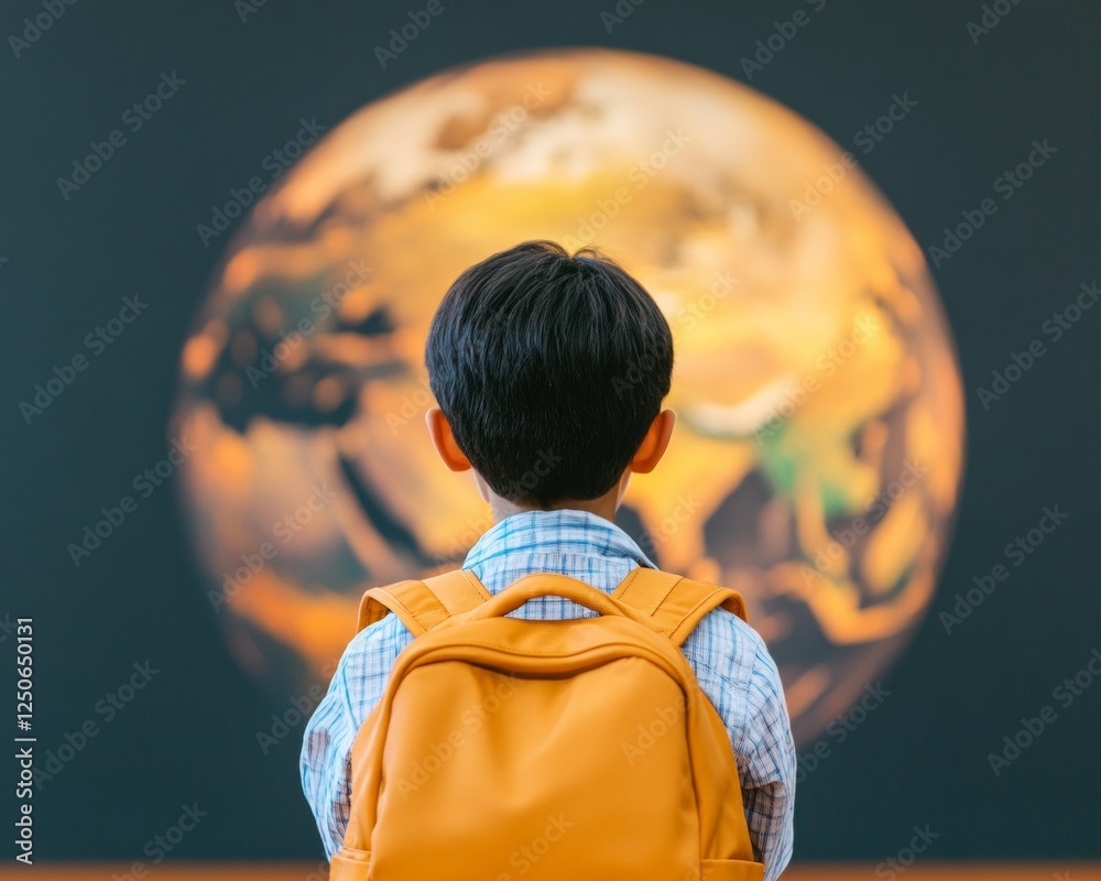 Aufkleber Immersive Learning Globe Child with Orange Backpack in Interactive Classroom - Modern Pedagogy and Educational Tech for Future-Ready Learning Environments