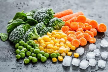 Frozen vegetables and ice cubes on a gray table, carrots, broccoli, peas, corn. Vegetables from the refrigerator. Healthy eating concept. Preparing vegetables. Vegetarian food.