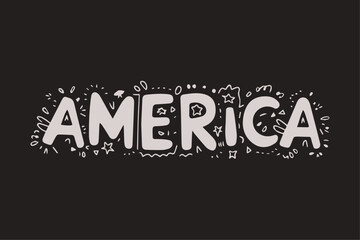 America Text Typography in Cute Font Surrounded by Small Doodles and Objects, Ideal for Backgrounds and Wallpapers with a Playful, Patriotic, and Fun Vibe