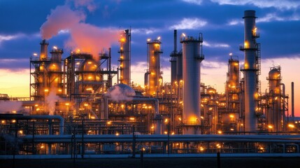 Fototapeta premium Oil refinery USA energy sector, large industrial complex with pipelines, smoke, and fuel storage tanks, sunset lighting