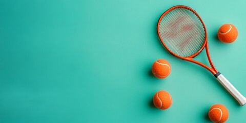 Vibrant Tennis Court Conceptual Display Orange Tennis Racket and Balls on Teal Surface - Modern Sports Facility Design for Competitive Preparation and Marketing