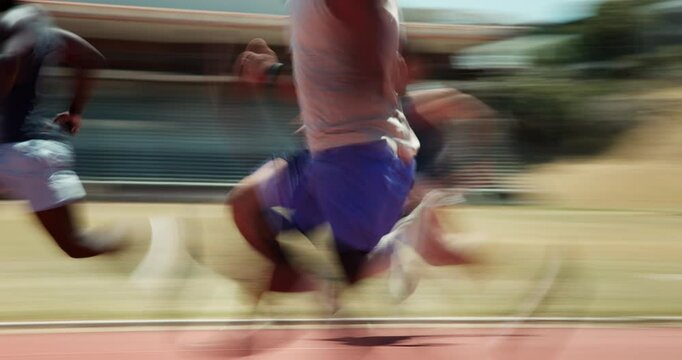 Men, sprinter and start race with motion blur on track for training, contest and fitness with sports. People, athlete and runner with speed, fast and outdoor with exercise for competition in USA