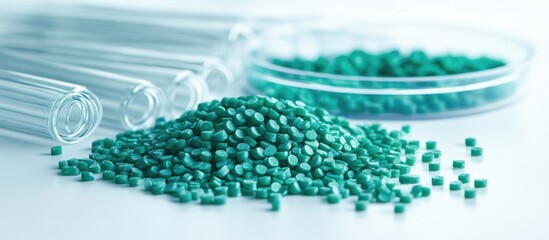 Green polypropylene granules in a laboratory setting with test tubes and petri dish showcasing the plastics industry for scientific research.