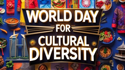 Celebration of cultural diversity on international day with vibrant displays of food, clothing, and architectural styles in a colorful setting