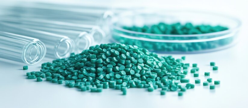 Green polypropylene granules in a laboratory setting with test tubes and petri dish showcasing the plastics industry for scientific research. - Powered by Adobe