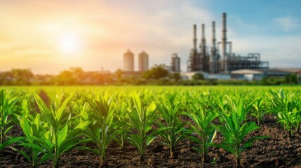 Palm oil production with a focus on sustainability, lush green plantations with eco-friendly processing plant in background, ethical agriculture theme