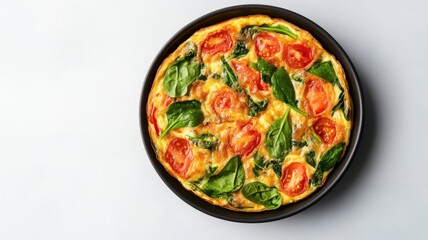 Delicious tomato and spinach omelette served on a rustic wooden table, perfect for a healthy breakfast.