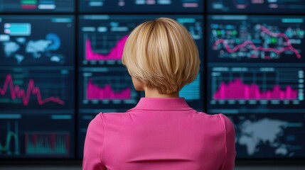 supply chain management distribution risk management. Businesswoman presenting a distribution strategy with risk management charts displayed on a large screen