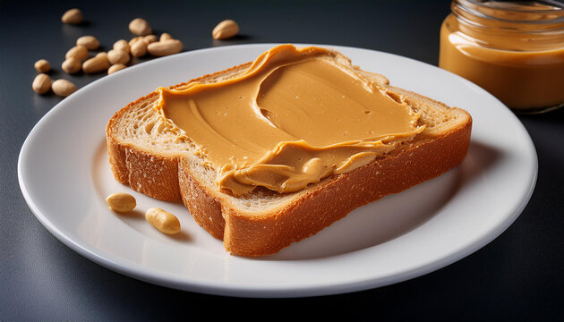 A slice of white bread generously spread with creamy peanut butter sits on a white plate, with scattered peanuts and an open jar of peanut butter in the background.