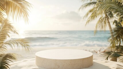 Sandy beach podium for tropical theme, warm golden sand, soft ocean waves in background, sunlit natural textures, relaxed and fresh atmosphere