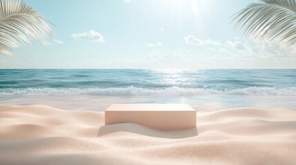 Sandy beach podium for tropical theme with ocean reflection, warm golden sand, gentle sea waves, dreamy sunlight reflection, summer-inspired showcase