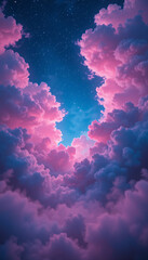 neon pink and deep blue clouds illuminated by ethereal cosmic light, soft glowing mist, and a dreamy starry sky for futuristic and fantasy-themed backgrounds