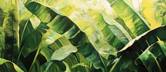 Lush green banana leaves creating a vibrant tropical atmosphere in a serene garden setting