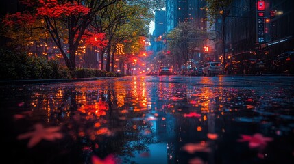 Fototapeta premium Rainy autumn night city street reflections