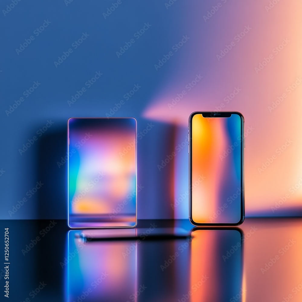 Aufkleber futuristic flat-lay of uwb devices smart locks and phones on glossy black with holographic connectiv