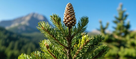 Greek fir tree Abies cephalonica with mature cone ready to release pollen in beautiful mountain scenery on Parnitha landscape.