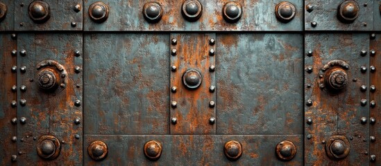 Rusty metal wall texture with grunge finish featuring rivets, ideal for backgrounds and industrial-themed designs.