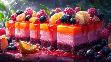 Layered fruit cake dessert, jungle setting, sweet glaze, digital art, food blog