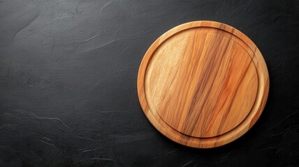 Fototapeta premium Elegant wooden pizza platter displayed on a sleek black background, perfect for culinary presentations.