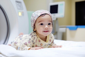 Toddler near MRI scanner, representing pediatric care and modern diagnostic technology