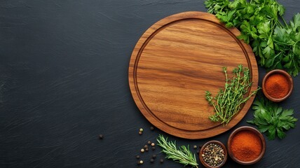Rustic wooden pizza platter adorned with fresh herbs and vibrant spices for a flavorful culinary presentation.