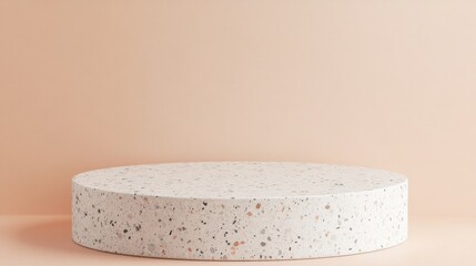 Terrazzo podium for minimalist design, modern stone texture, speckled polished surface, neutral pastel background, soft studio lighting, stylish product placement