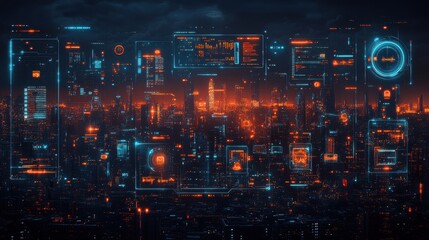 A futuristic cityscape illuminated with neon lights and digital interfaces, showcasing advanced technology and urban architecture.