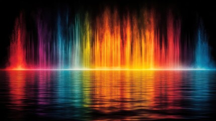 Rainbow waterfall reflection, dark night, digital art, background