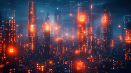 Obraz premium A futuristic cityscape lit by glowing orange lights against a dark, misty background, suggesting a high-tech, cyberpunk environment.