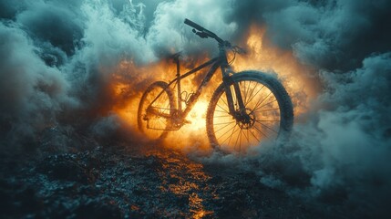 Mountain bike, smoke, fire, night, outdoor, adventure, dramatic, poster