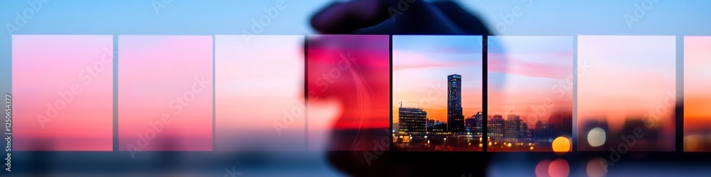 Poster vibrant urban skyline montage dynamic sunset lighting and architectural silhouettes - engaging enter