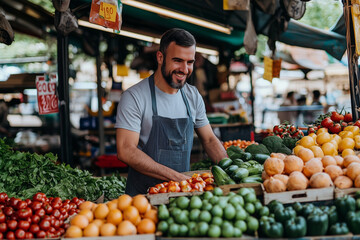 a man sells fresh fruits and vegetables at the market