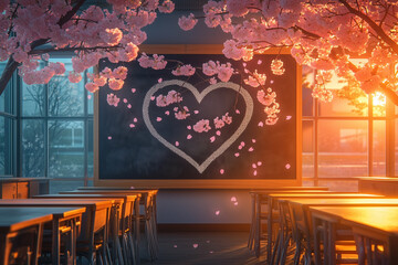 Obraz premium The Valentine Day Concept: Serene Contemporary Classroom with Chalk-Drawn Heart and Cherry Blossoms in Soft Sunset Light, Romantic and Surreal Atmosphere