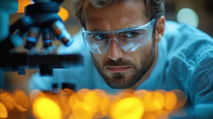 A focused scientist examines samples under a microscope, showcasing dedication and precision in a laboratory setting.