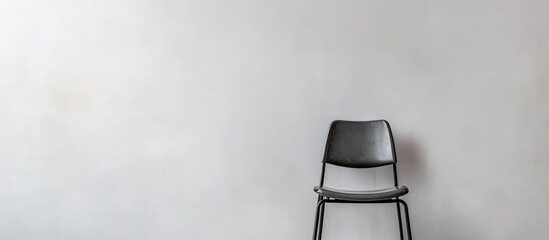 Minimalist gray metal chair positioned against a blank white wall creating ample space for text and graphic overlays in modern interior design setup