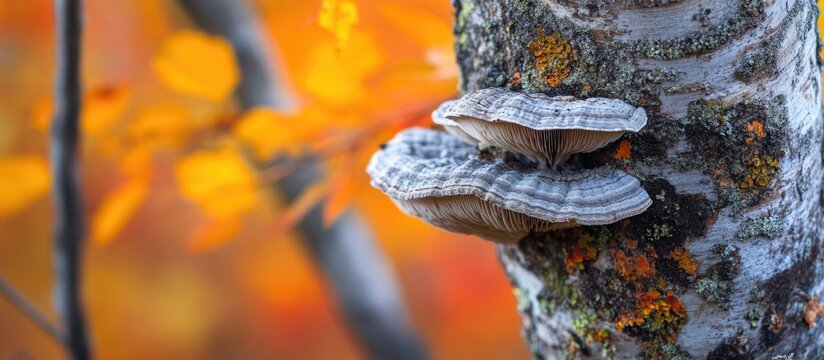 Gray moss and large mushroom on textured tree trunk amidst vibrant autumn foliage in a serene forest landscape - Powered by Adobe