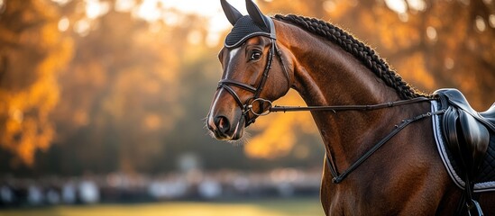Fototapeta premium Close-up portrait of a dressage horse in competition showcasing elegance and focus against a blurred outdoor background.