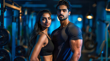 young indian man and woman standing at gym
