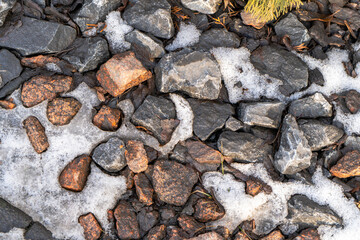 A detailed close-up of black and reddish-brown rocks partially covered in melting snow and ice. The...