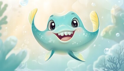 Fototapeta premium Happy Cartoon Stingray Swims Underwater