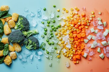 Frozen vegetables in assortment on a bright background. Vegetarian food concept. Vegetables covered with ice. Preparing vegetables for cooking. products from the refrigerator.